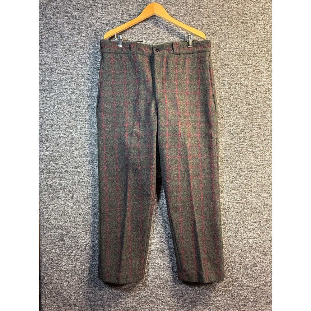 Johnson Woolen Mills Gray Red Green Windowpane Plaid Wool Trousers Mens 35x29